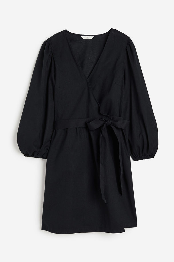 H&M Linen-blend Wrap Dress Black