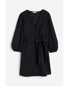 Linen-blend Wrap Dress Black