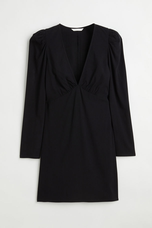 H&M Patterned Puff-sleeved Dress Black