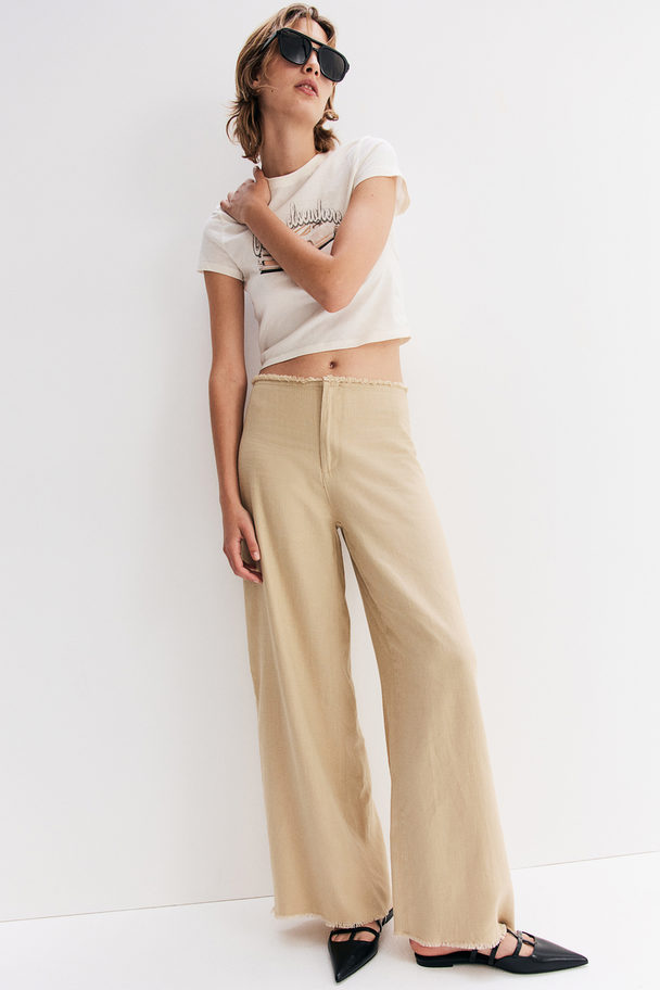 H&M Frayed-edge Linen-blend Trousers Beige