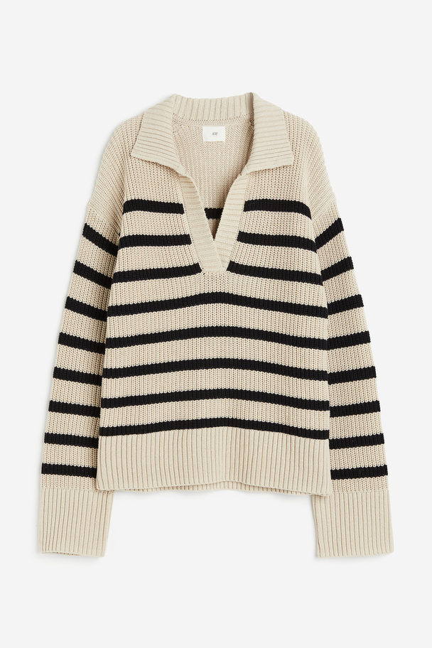H&M Rib-knit Polo Jumper Light Beige/black Striped