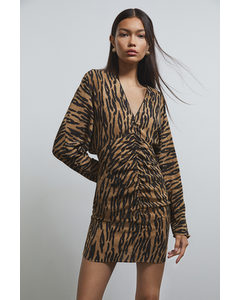 Gathered Dress Light Brown/leopard Print