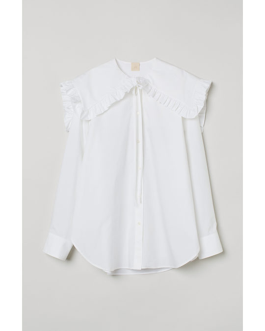 H&M Frill-collared Cotton Shirt White