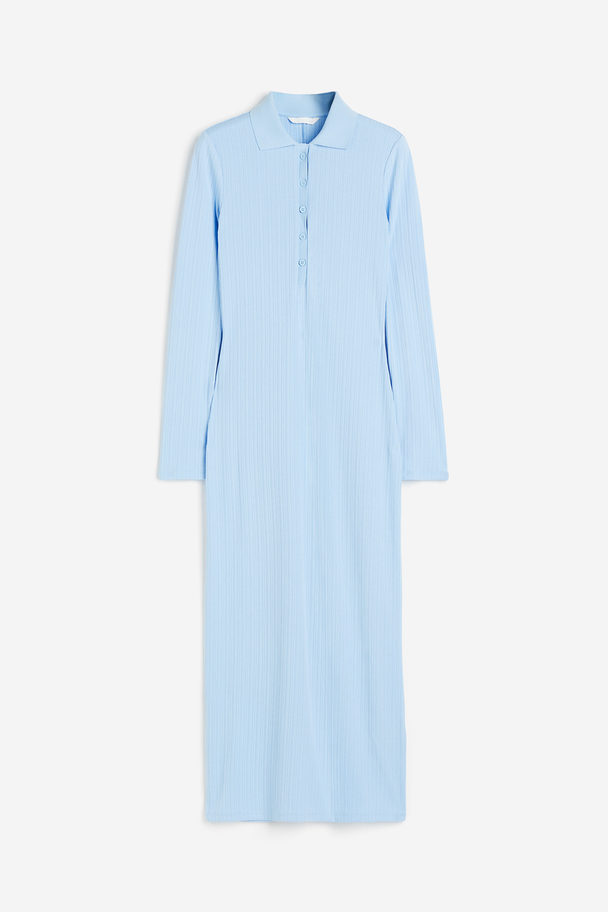 H&M Trikåklänning Med Krage Ljusblå