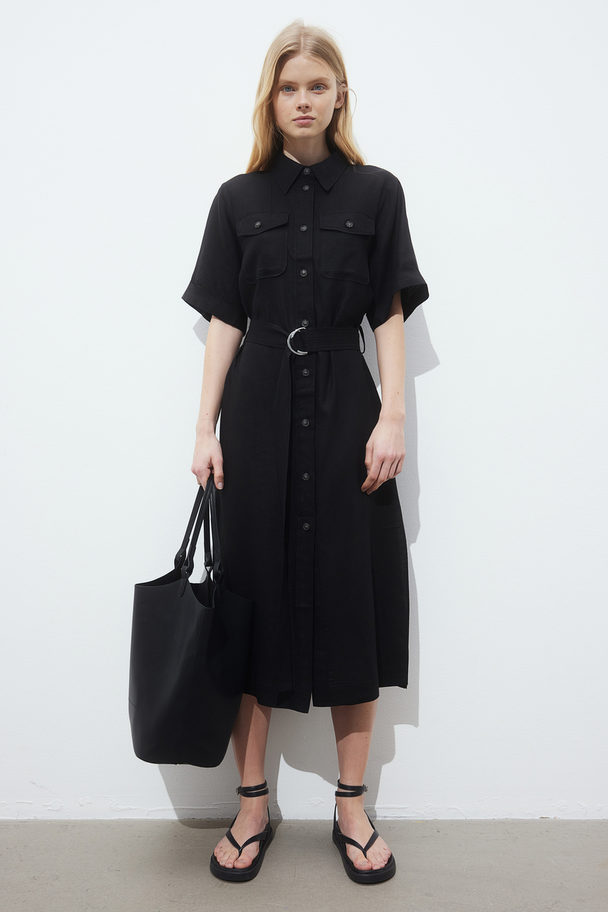 H&M Linen-blend Shirt Dress Black