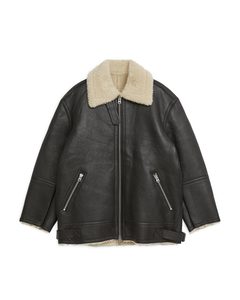 Pile-lined Leather Jacket Black/beige