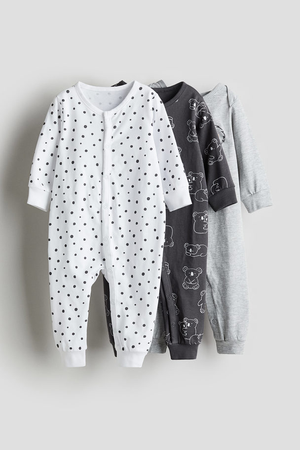 H&M 3-pack Cotton Jersey Sleepsuits Dark Grey/koala