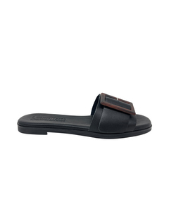 Gena Black Leather Flat Sandal