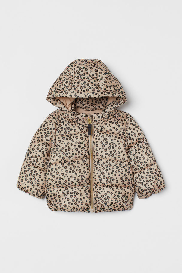 H&M Hooded Puffer Jacket Light Beige/leopard Print