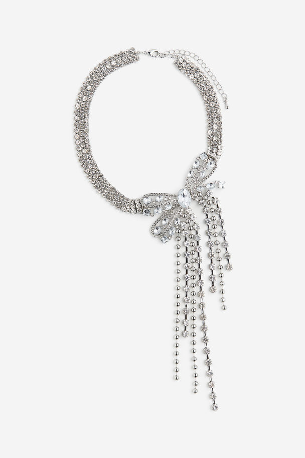 H&M Bow-detail Rhinestone Necklace Silver-coloured