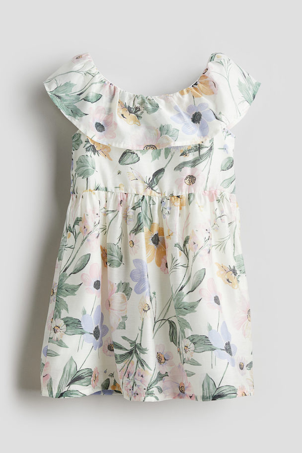 H&M Patterned Flounce-trimmed Dress White/floral