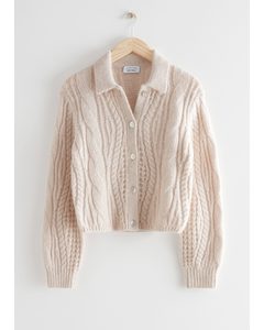 Boxy Collared Cable Knit Cardigan Beige