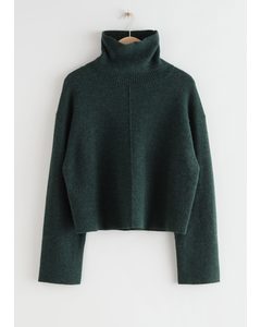 Cropped Turtleneck Knit Sweater Dark Green