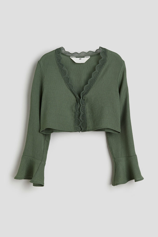 H&M Tie-front Blouse Dark Khaki Green