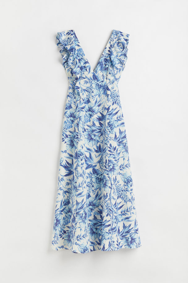 H&M Linen-blend Flounced Dress Blue/floral