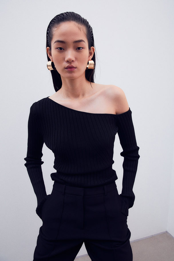 H&M Rib-knit One-shoulder Top Black