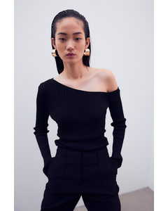 Rib-knit One-shoulder Top Black