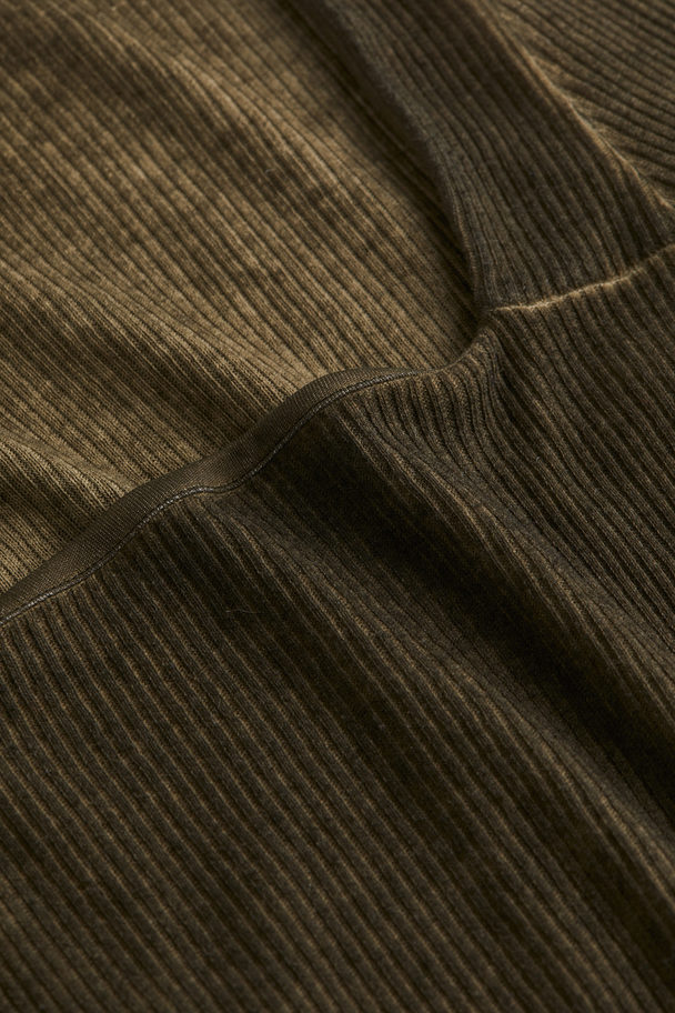 H&M Washed-look Ribbed Top Dark Olive Green