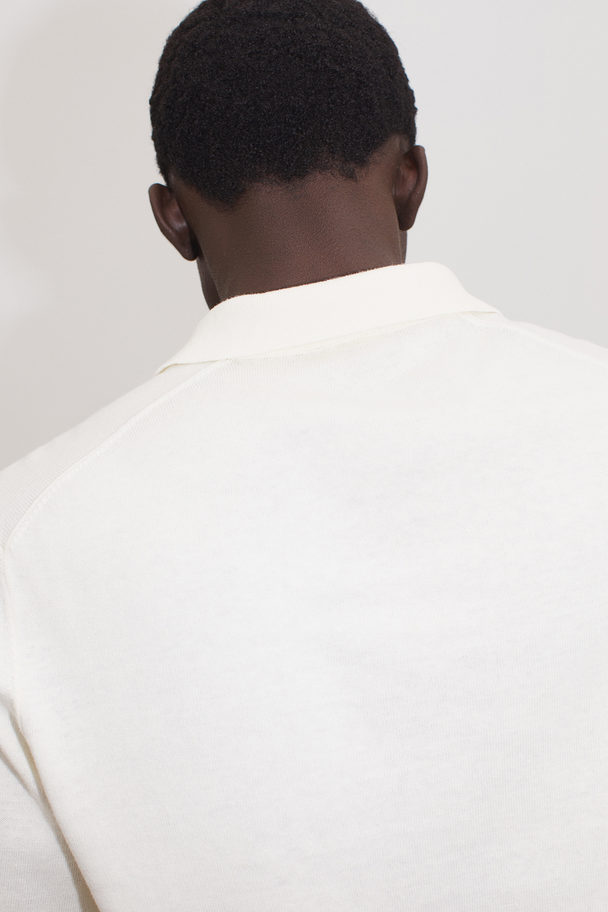 H&M Slim Fit Fine-knit Cotton Polo Shirt Cream
