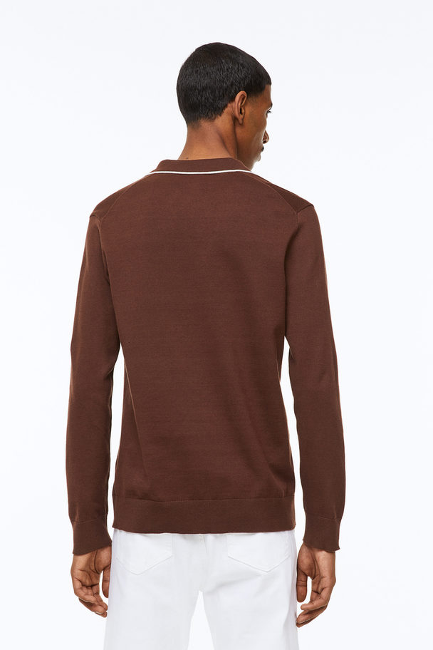 H&M Slim Fit Fine-knit Cotton Polo Shirt Dark Brown