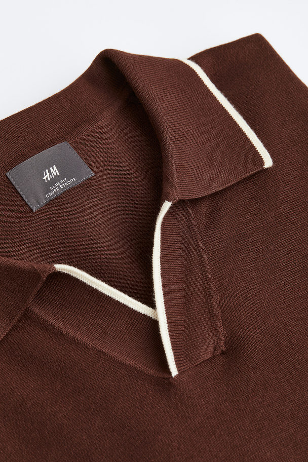H&M Slim Fit Fine-knit Cotton Polo Shirt Dark Brown