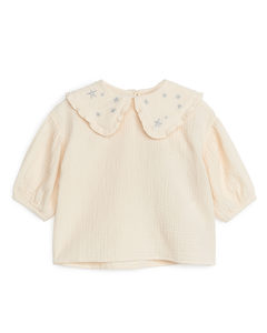Frill-collar Cheesecloth Blouse Beige