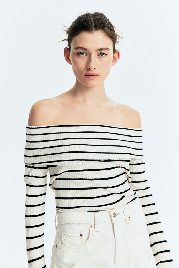 H&M Rib-knit Off-the-shoulder Top Cream/black Striped