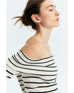 Rib-knit Off-the-shoulder Top Cream/black Striped