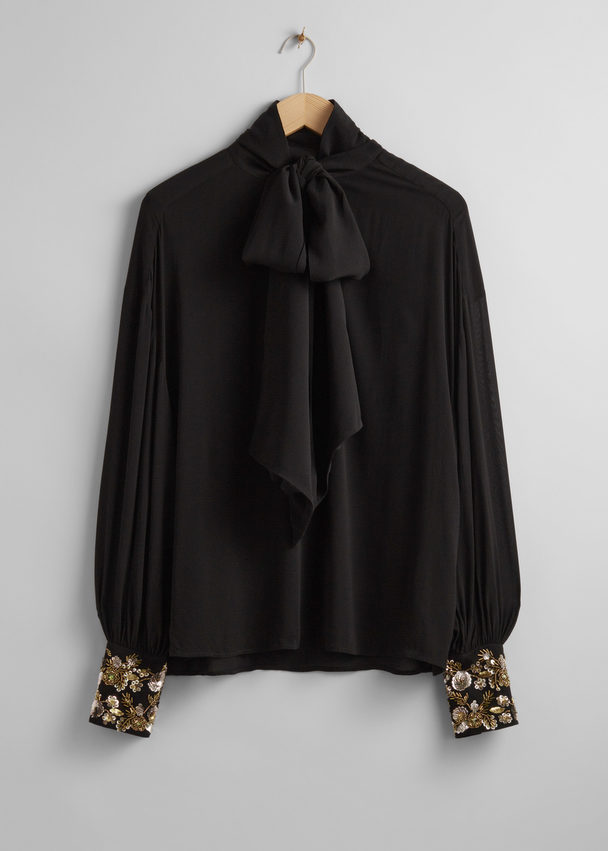 & Other Stories Oversized Sequin-cuff Blouse Black