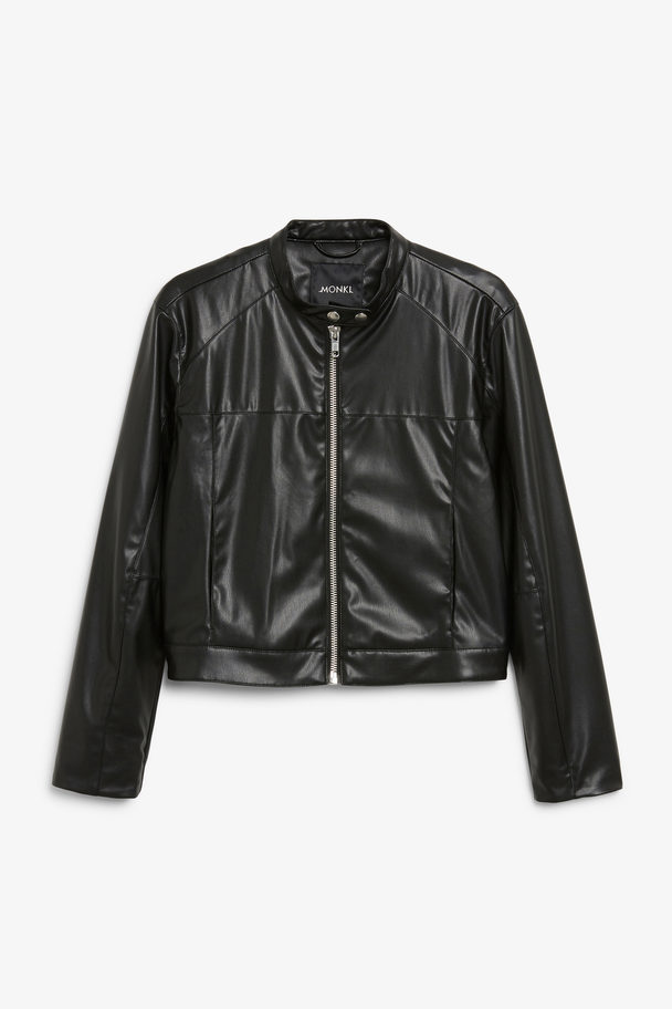 Monki Black Faux Leather Jacket With Round Collar Black