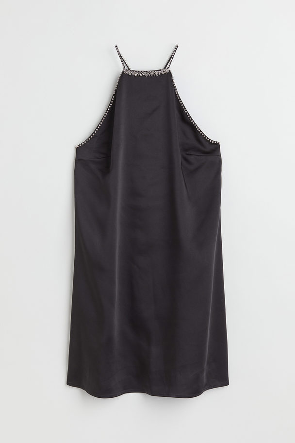 H&M Rhinestone-trimmed Satin Dress Black