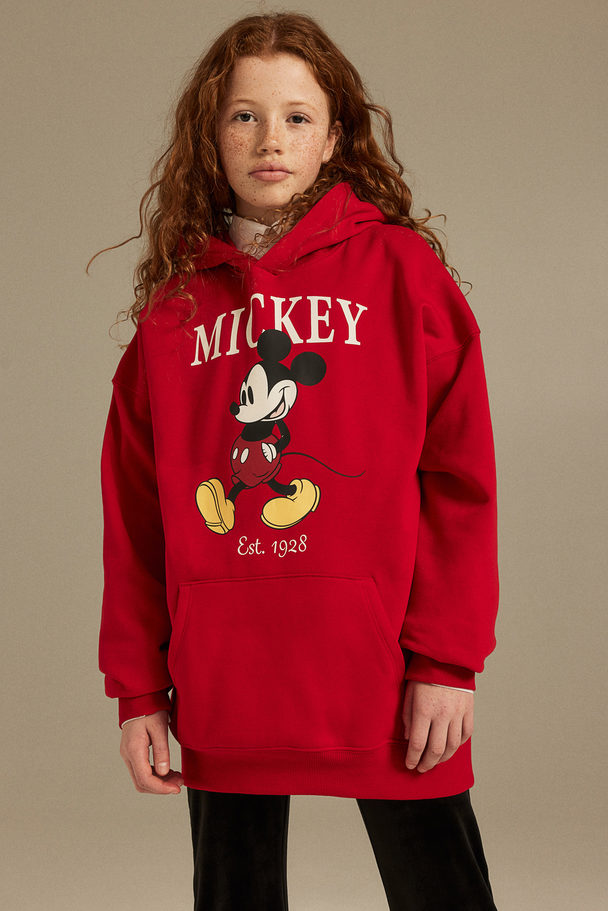 H&M Oversized Capuchonsweater Met Print Rood/mickey Mouse