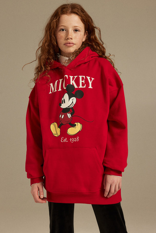 H&M Oversized Printed Hoodie Red/mickey Mouse