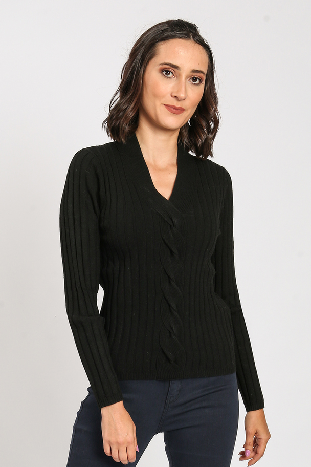 William de Faye V-neck Sweater, Fancy Cable Front