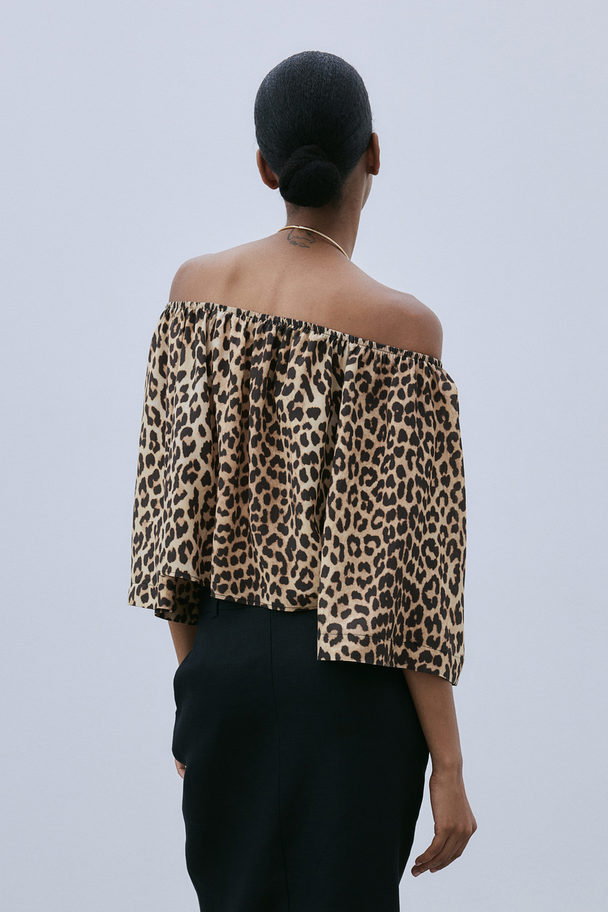 H&M Off Shoulder-blus Beige/leopardmönstrad