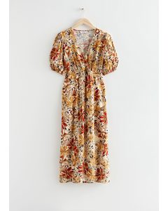 Midi-jurk Met Print En Pofmouwen Gele Bloemen