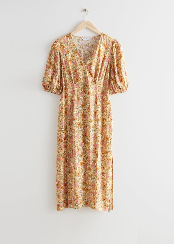& Other Stories Printed Puff Sleeve Midi Dress Yellow Print
