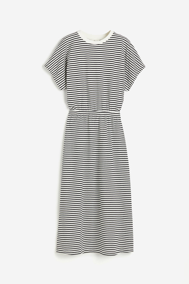 H&M Jerseykleid mit gesmokter Taille Weiß/Schwarz gestreift