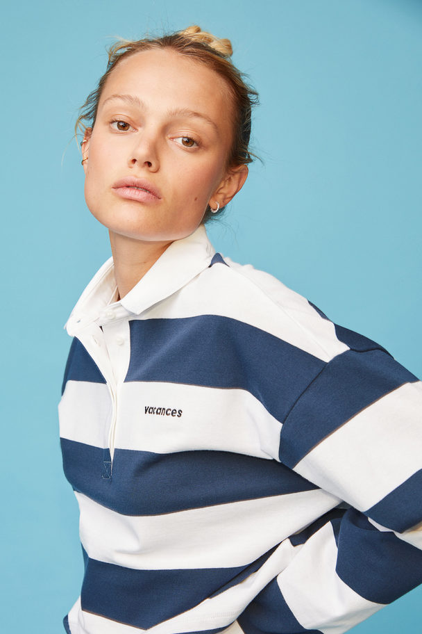 H&M Cropped Rugby Shirt Dark Blue/white Striped