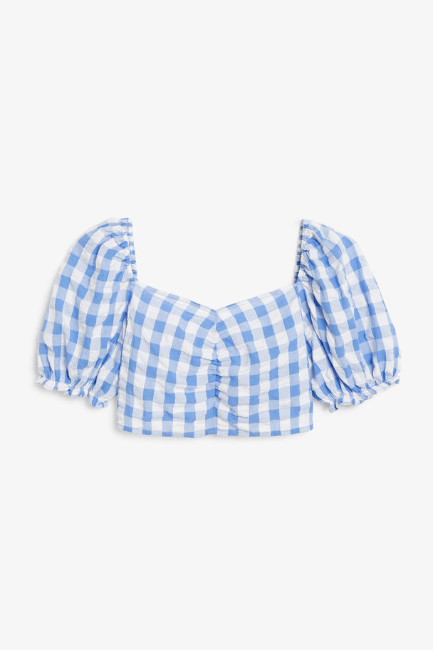 Monki Checked Cropped Puff Sleeve Blouse Blue And White Checks