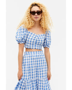 Checked Cropped Puff Sleeve Blouse Blue And White Checks