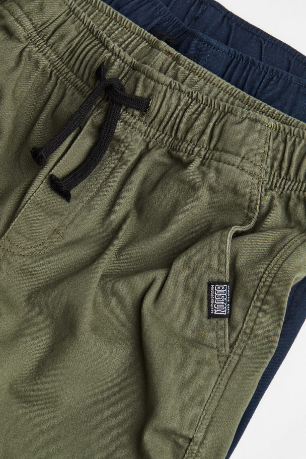 H&M 2-pack Twill Joggers Dark Khaki Green/navy Blue