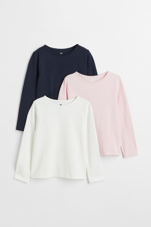 H&M 3-pack Long-sleeved Tops Light Pink/navy Blue/white