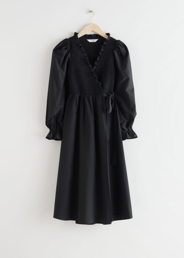 & Other Stories Smocked Ruffle Midi Dress Black