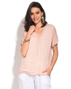 Bi-material V-neck Top With Back Pleats And Short Sleeves