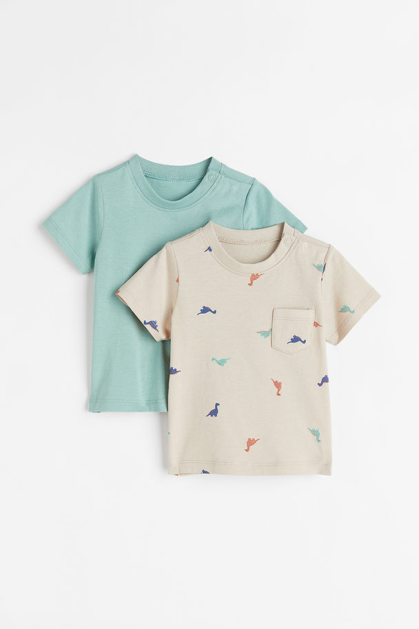 H&M 2-pack Cotton T-shirts Turquoise/dinosaurs