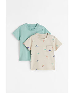 2-pack Cotton T-shirts Turquoise/dinosaurs