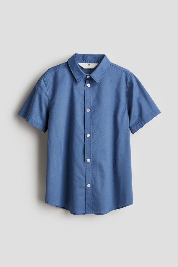 H&M Short-sleeved Cotton Shirt Blue
