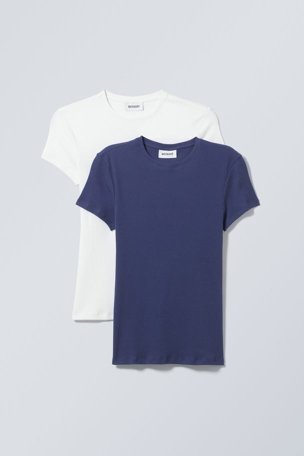 Weekday 2-pack Figurnära Ribbade T-shirts Vit/blå