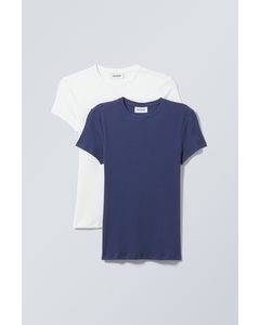 2 X Nauwsluitend Geribd T-shirt Wit Blauw